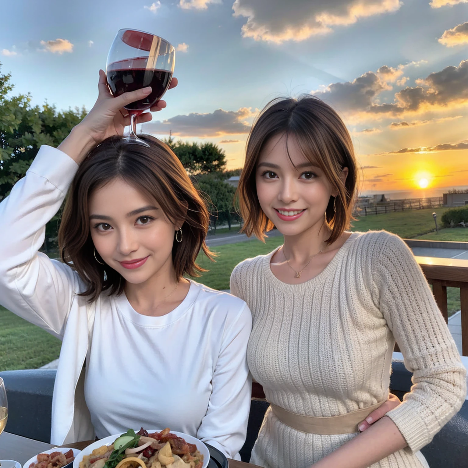 （Realistic:1.1）,(masterpiece,Highest quality)，8k,(40 years old), 36 years old, slimカップル、Model Couple、actress/actor、Tight waist,Upper Body,full-course dinner、wine 、Amazing view of the sunset sky and clouds、Perfect Anatomy, Brown Hair, short hair,Random Hairstyles,((Highly detailed face and eyes:1.2))(cute顔:1.4)，美しいactressの顔，Perfect golden ratio face，Long sleeve shirt、dress,(smile:1.2)、Shortcuts、cute、(Realistic, Intricate details:1.2), A bright smile、short hair,Bright Face、赤wine 、Appetizers、Italian food、wine bottle、Champagne、スパークリングwine、(slimな顔), (The body is slim), (Brown Hair), (Shortcuts),  Upper Body, 白wine, slim, wineグラス, 
