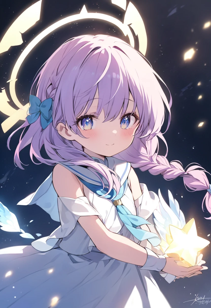Braid，Purple face，Light blue eyes，cute，Young Girl，Guardian of the Light，Light effects，