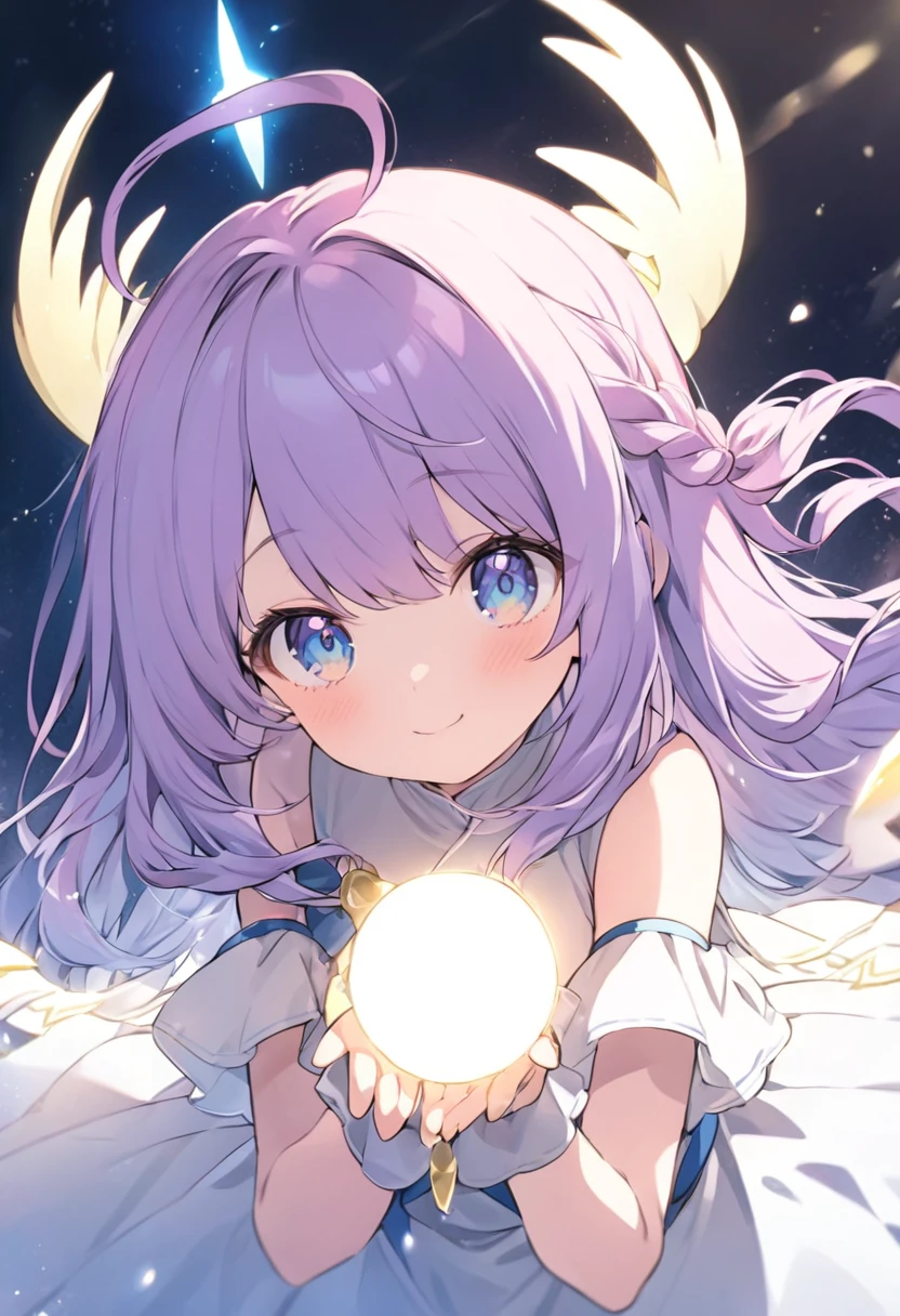 Braid，Purple face，Light blue eyes，cute，Young Girl，Guardian of the Light，Light effects，