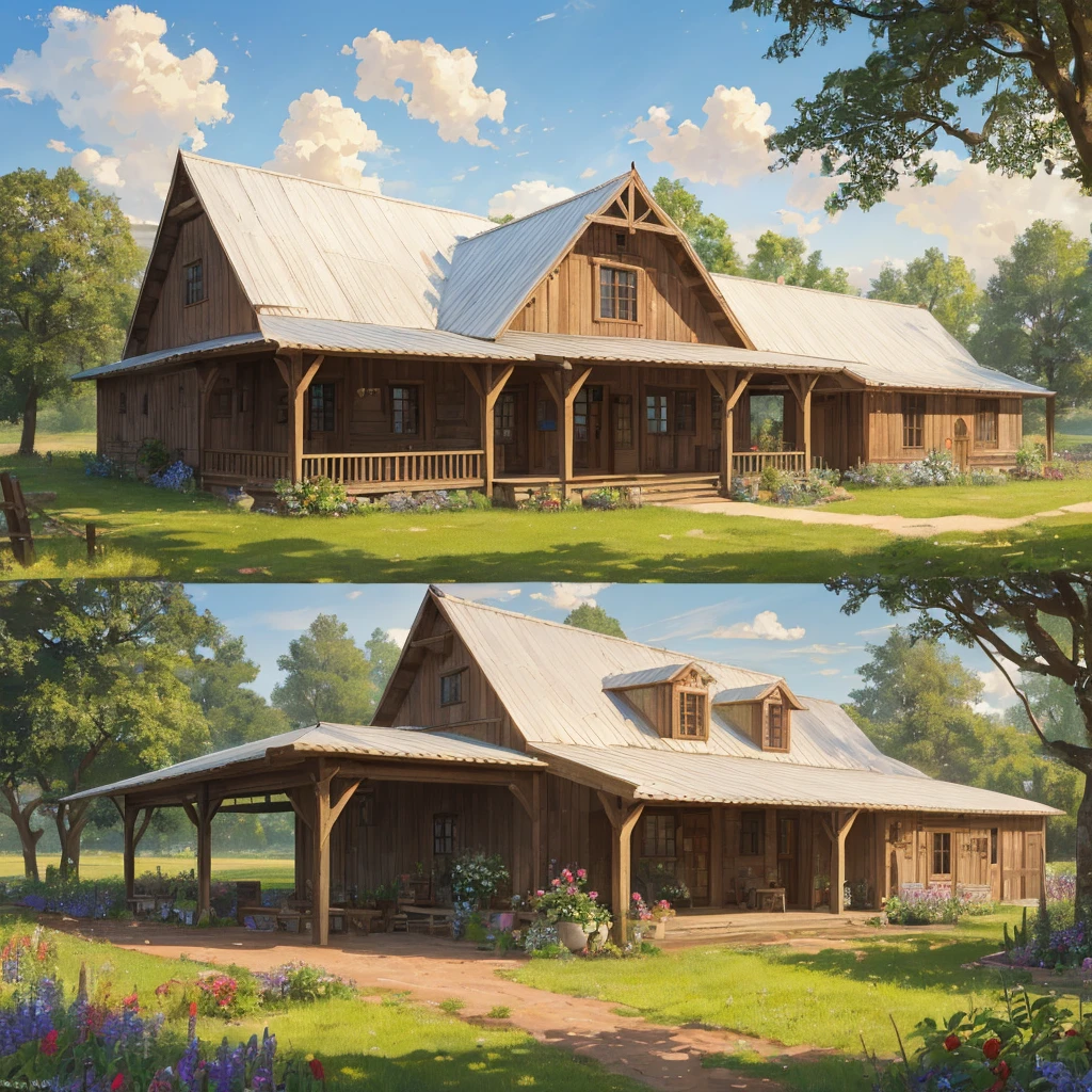 a cooperative farm building, a large rustic farmhouse, wooden structure with sloping roof, red brick walls, surrounded by lush green fields, rolling hills in the background, vibrant blue sky with fluffy white clouds, sunlight streaming through the windows, warm and inviting atmosphere, detailed architectural elements, weathered wooden beams and planks, well-tended garden with vegetables and flowers, old-fashioned farming tools, (best quality,4k,8k,highres,masterpiece:1.2),ultra-detailed,(realistic,photorealistic,photo-realistic:1.37),landscape,digital art,plein air painting,natural lighting,muted earthy colors,cozy rural scene