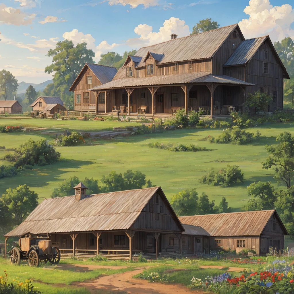 a cooperative farm building, a large rustic farmhouse, wooden structure with sloping roof, red brick walls, surrounded by lush green fields, rolling hills in the background, vibrant blue sky with fluffy white clouds, sunlight streaming through the windows, warm and inviting atmosphere, detailed architectural elements, weathered wooden beams and planks, well-tended garden with vegetables and flowers, old-fashioned farming tools, (best quality,4k,8k,highres,masterpiece:1.2),ultra-detailed,(realistic,photorealistic,photo-realistic:1.37),landscape,digital art,plein air painting,natural lighting,muted earthy colors,cozy rural scene