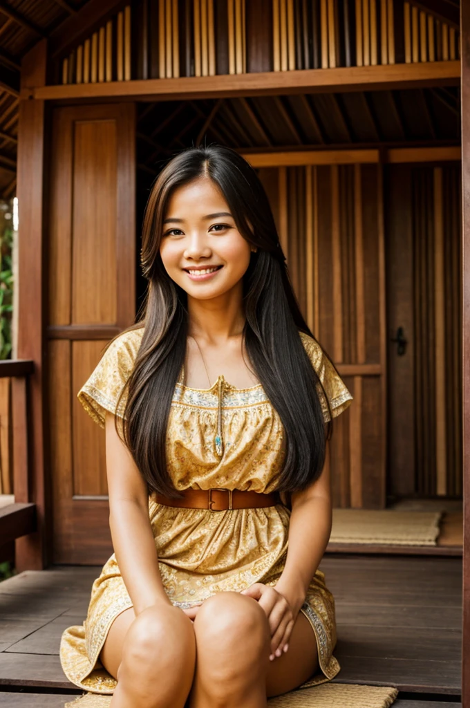 A woman with long hair, beautiful, sweet smile, wearing a Thai dress, sitting in a wooden house. Be a literature lady