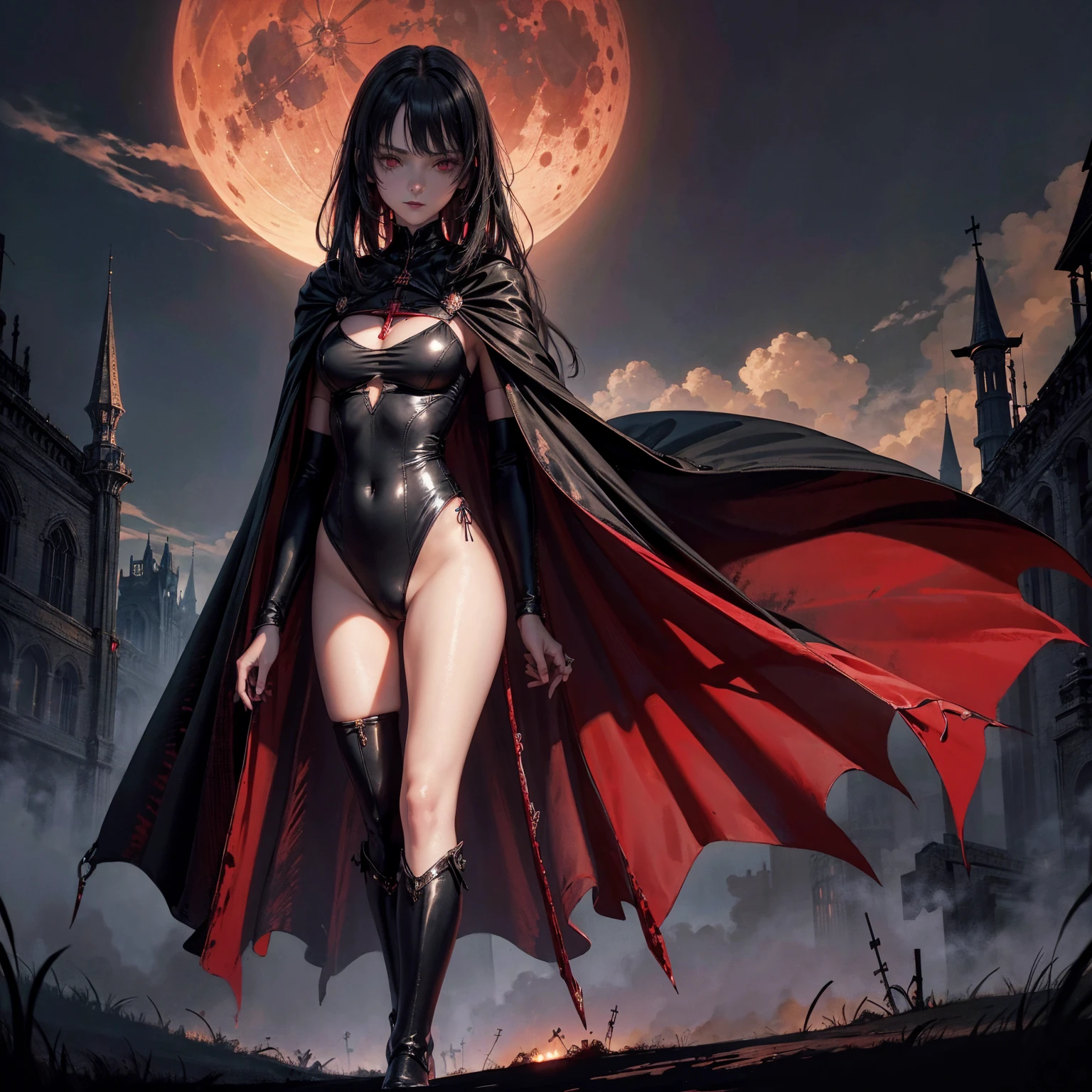 best quality, 4K, high resolution, masterpiece:1.2, Very detailed, actual:1.37, Mood lighting, Girl in a long cape, Only wearing a reflective latex one-piece swimsuit and a pair of knee-high stockings, Exposes the navel, Dangerous sneer, Black Hair, Standing, Facing the camera, Crucified, Pitch black sky, Blood-red moon, strange atmosphere, Gothic style, Unforgettable beauty, Dramatic shadows, Ethereal Light, Mysterious atmosphere.