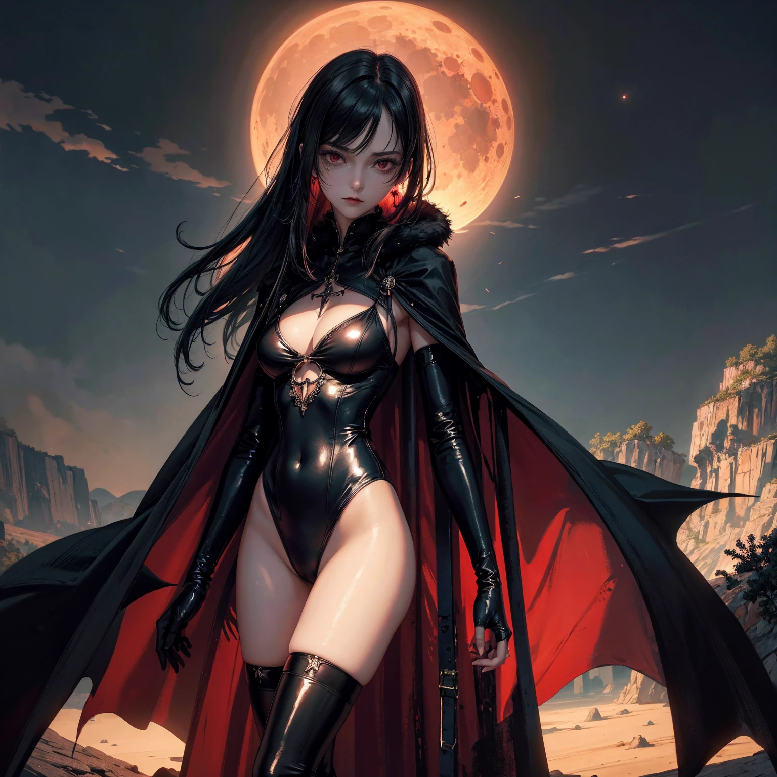 best quality, 4K, high resolution, masterpiece:1.2, Very detailed, actual:1.37, Mood lighting, Girl in a long cape, Only wearing a reflective latex one-piece swimsuit and a pair of knee-high stockings, Exposes the navel, Dangerous sneer, Black Hair, Standing, Facing the camera, Crucified, Pitch black sky, Blood-red moon, strange atmosphere, Gothic style, Unforgettable beauty, Dramatic shadows, Ethereal Light, Mysterious atmosphere.