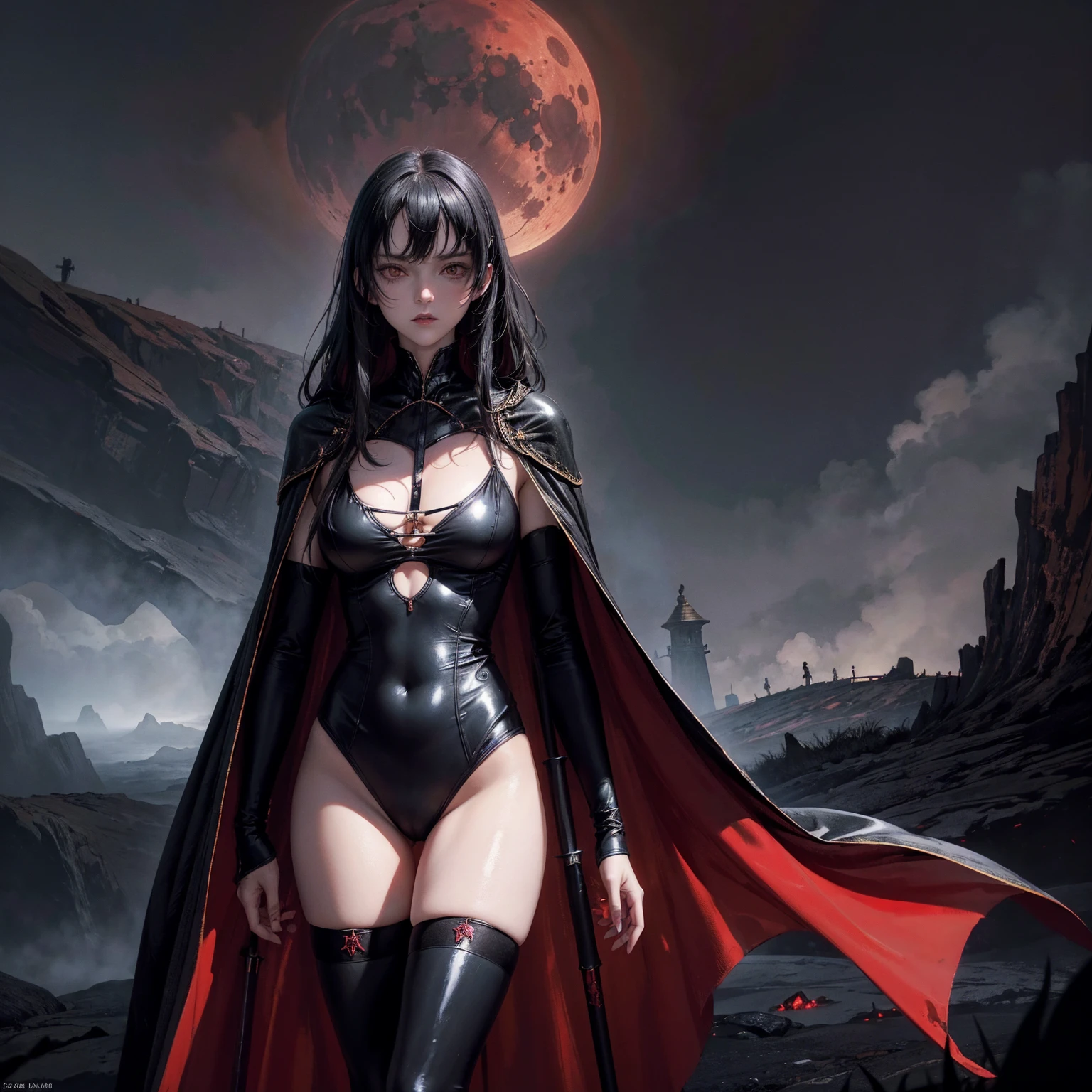 best quality, 4K, high resolution, masterpiece:1.2, Very detailed, actual:1.37, Mood lighting, Girl in a long cape, Only wearing a reflective latex one-piece swimsuit and a pair of knee-high stockings, Exposes the navel, Dangerous sneer, Black Hair, Standing, Facing the camera, Crucified, Pitch black sky, Blood-red moon, strange atmosphere, Gothic style, Unforgettable beauty, Dramatic shadows, Ethereal Light, Mysterious atmosphere.