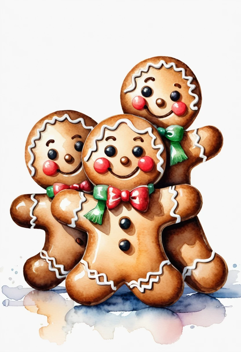 Three gingerbread men，Stacked together，HD，White background，8k，超HD画质，Masterpiece，Natural texture，Elegant and clear lines，watercolor