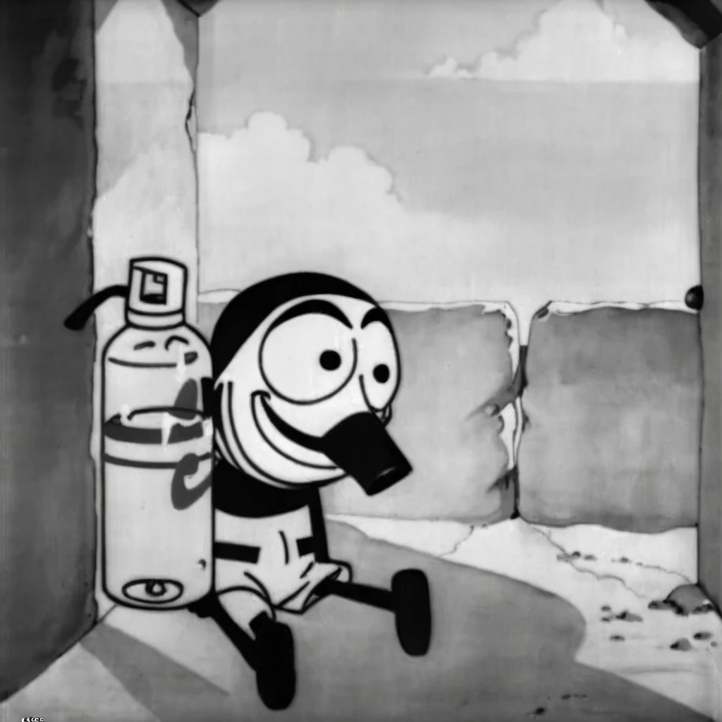 1930s animation, alone,whole body, Animal character, Dust mask, Looking straight ahead, Bad Smile, Sleeping gas bottle