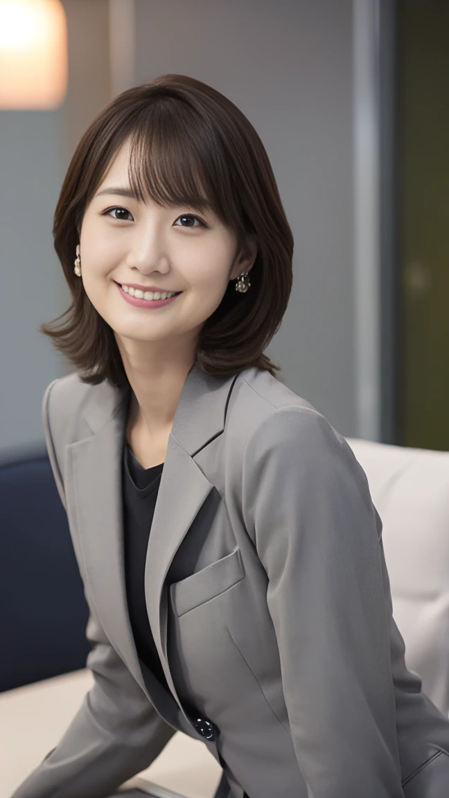 Tabletop, 最high quality, Photorealistic, In detail, High resolution,Beautiful Japanese Women,Beautiful attention to detail, Beautiful lip detail, Highly detailed face, Small Head, Small areola, Cinema Lighting, Realistic, 8k, high quality, Super detailed, look at me,smile,(Office lady in grey suit:1.4),(Random Location),(Medium chest:1.2),(Inoue Seika),thin,Beautiful legs,(Sexy pose:1.2), (Bokeh:1.3),