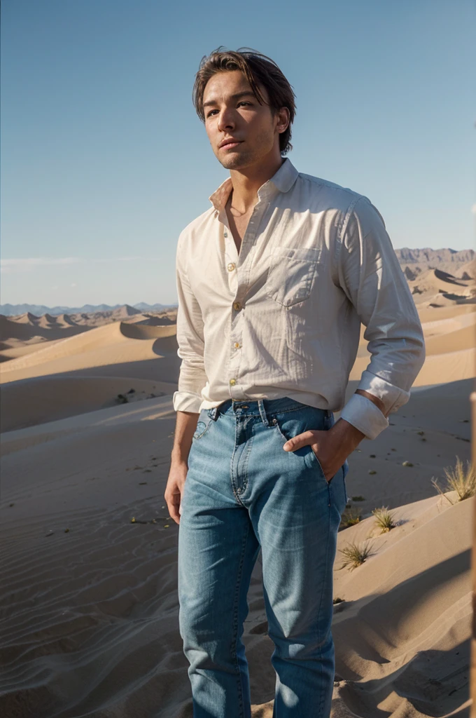 (8k analog nature photography:1.2), (a beautiful landscape:1.1) Extreme realism, Dunes in the desert, mountains are visible in the background, a young man stands on the top of a dune in a white shirt unbuttoned, fluttering in the wind, light jeans, barefoot, arms outstretched, face raised to the sky. The setting sun is shining from the mountains. The air is distorted by the hot sand., shiny sapphire (crystal:1.2) berries ,bioluminescent, glowing, focus on the man.