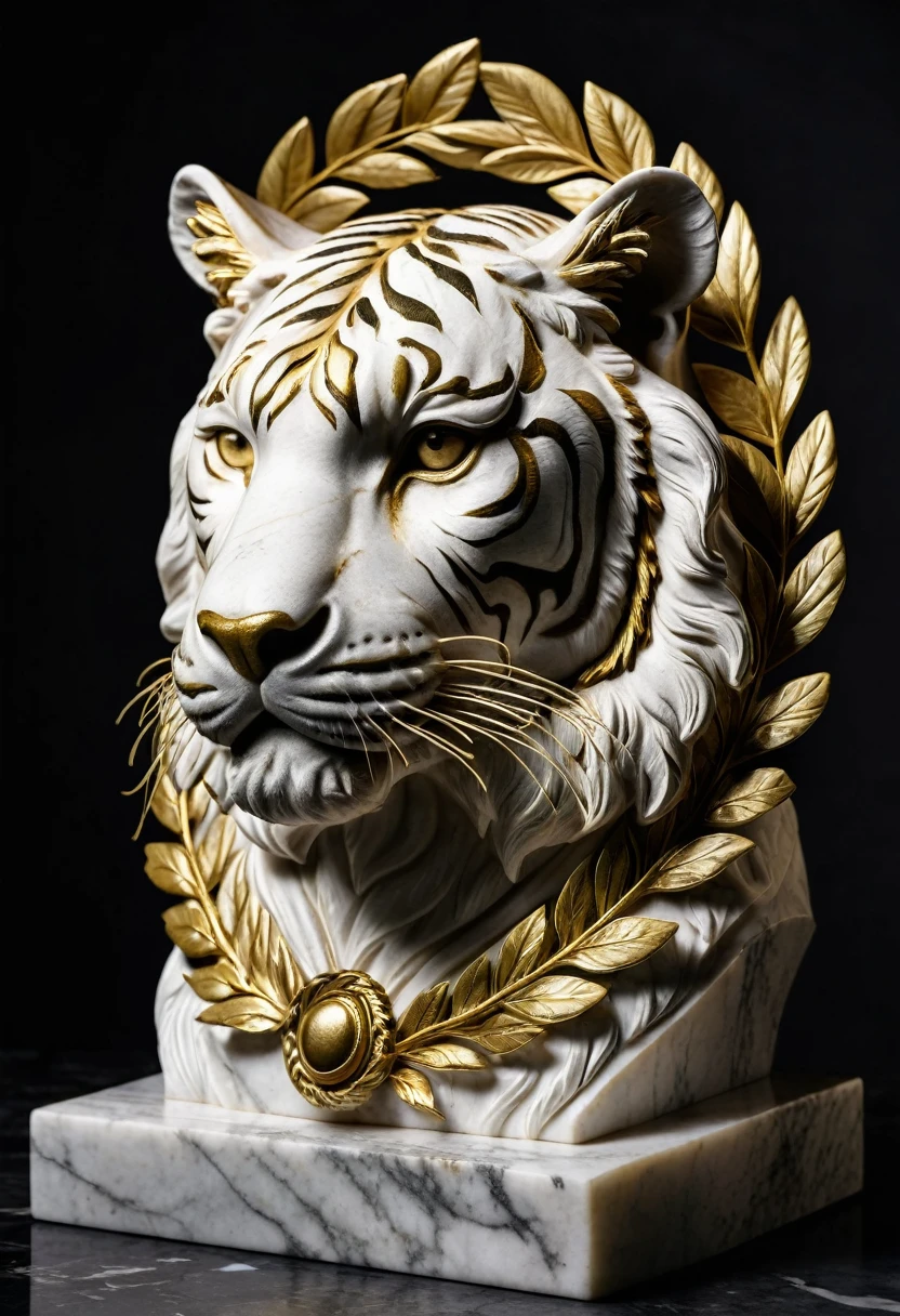 Side view of a roman styled Tiger bust made out of marble with a solid gold Laurel Wreath on top of it's head, highlighted with a spotlight and dark background