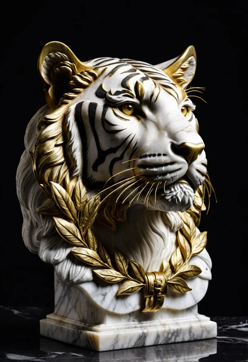 Side view of a roman styled Tiger bust made out of marble with a solid gold Laurel Wreath on top of it's head, highlighted with a spotlight and dark background