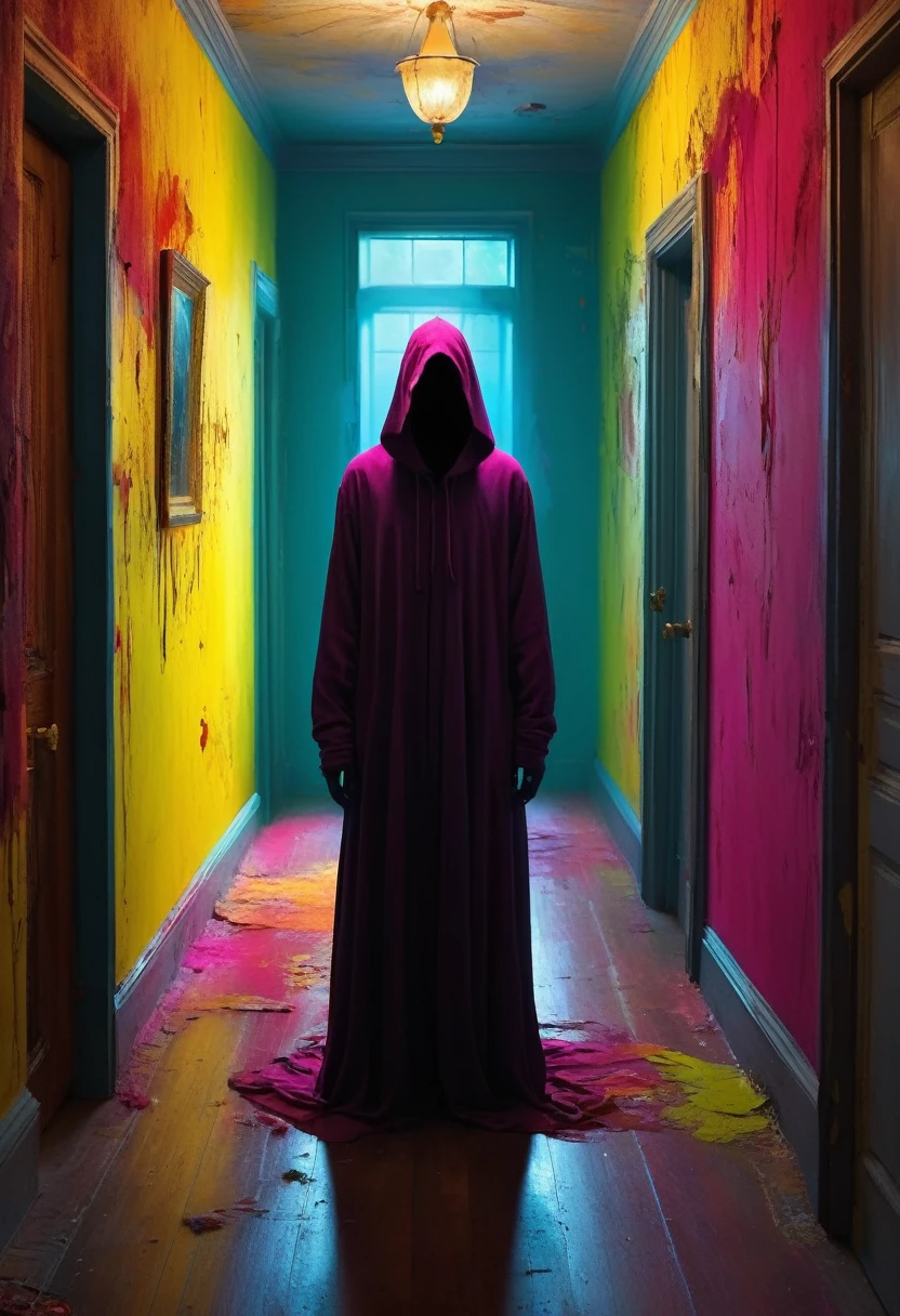 A faceless figure looms in a haunted hallway, Global Illumination, Glamorous splashes of vibrant paint
