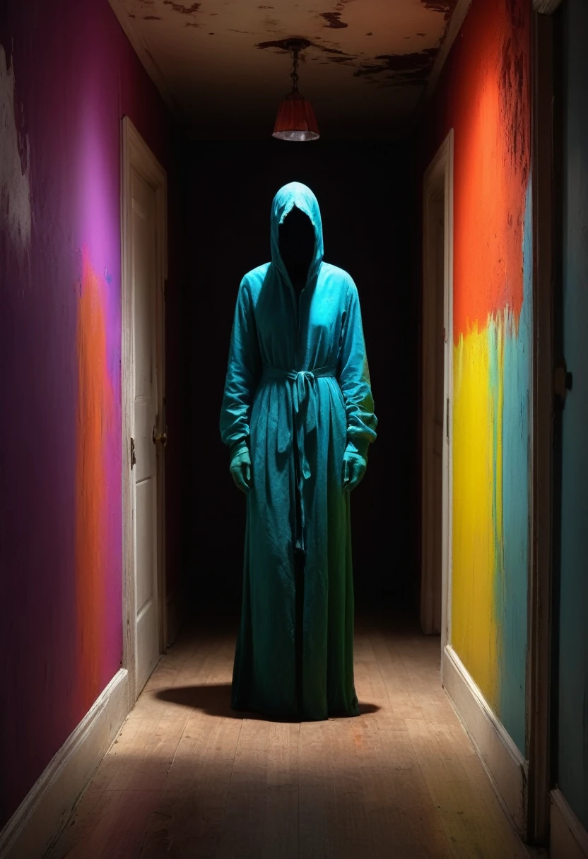 A faceless figure looms in a haunted hallway, Global Illumination, Glamorous splashes of vibrant paint