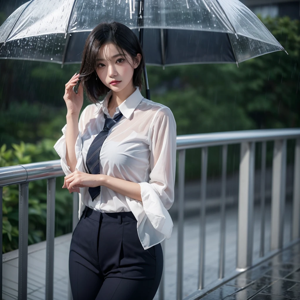 exy pose、Hair getting wet in the rain、Mr.々Hair style、ponytail、Short Hair、Loose and fluffy hair、Transparent shirt、Beautiful woman getting wet in the rain、typhoon、Get wet without an umbrella、Beautiful woman in the rain、雨で濡れたBeautyOL、Detailed face、Realistic、beautiful girl、Beauty、Office Lady Uniform、beauty、Beautiful woman、Narrow waist、Handsome woman、Tight pants look、suit、Sexy pose、タイトなsuitパンツ、雨で濡れたsuit、Wet naked shirt、See-through shirt、Shot in heavy rain、Naked shirt