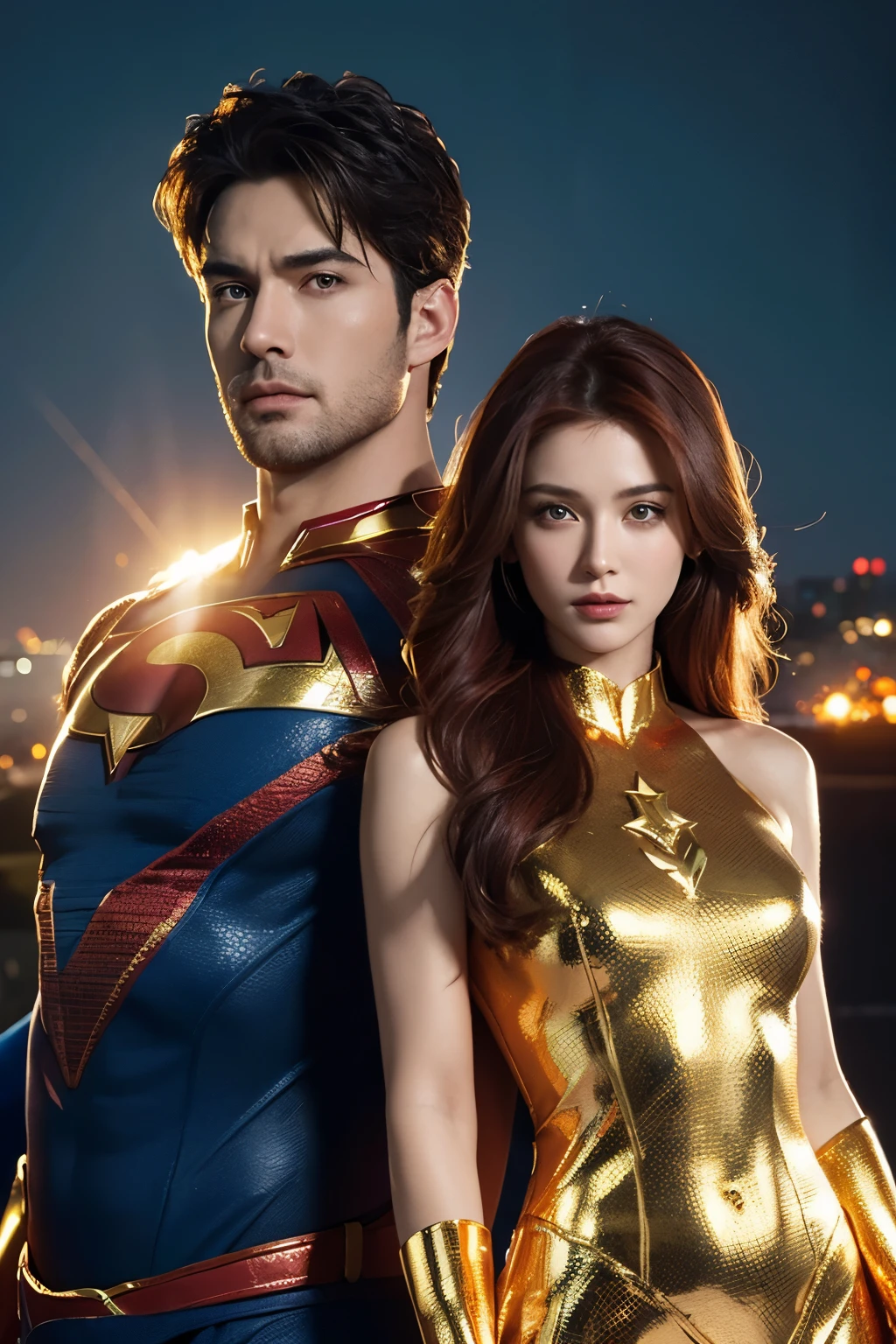 A highly detailed and vibrant digital illustration featuring full body two superhero characters. super detailed face and super realistic eyes. Full body two superheroes, a handsome man and a pretty woman, looking the camera, with glowing orange light and fire behind them. The man is dressed in a gold and blue costume with a golden shoulder armor, while the woman wears a golden tiara and a red top with a flowing dark blue hair. They standing on super tank and near a Army helicopter. Masterpiece, close up, super sharp, super detailed, UHD, 28K.