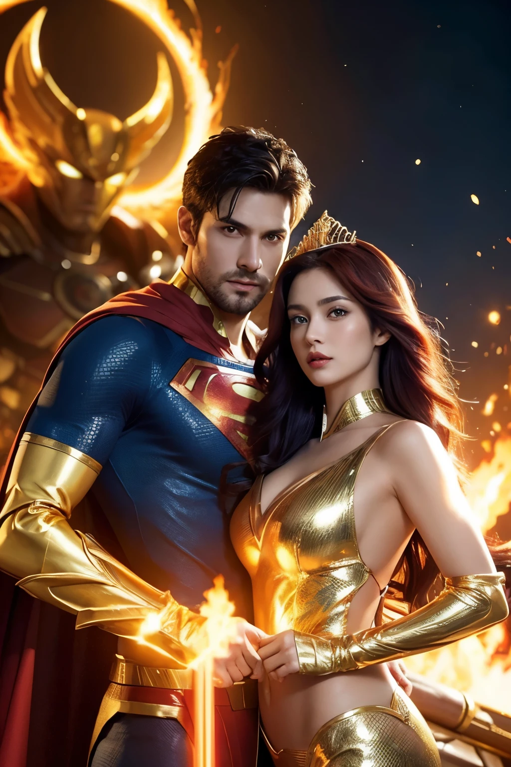 A highly detailed and vibrant digital illustration featuring full body two superhero characters. super detailed face and super realistic eyes. Full body two superheroes, a handsome man and a pretty woman, looking the camera, with glowing orange light and fire behind them. The man is dressed in a gold and blue costume with a golden shoulder armor, while the woman wears a golden tiara and a red top with a flowing dark blue hair. They standing on super tank and near a Army helicopter. Masterpiece, close up, super sharp, super detailed, UHD, 68K.