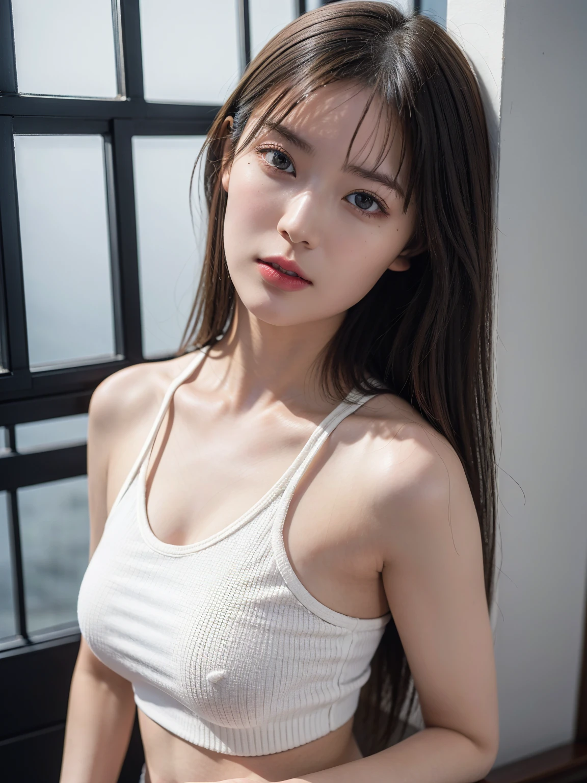 1girl , masterpiece, best quality, highest quality, (Front light:1.3), (photorealistic:1.3), natural light, extremely detailed CG unity 8k wallpaper, focused, 8k wallpaper, extremely detailed, ultra realistic, photorealistic, sharp focus, absurdres, (HDR:1.2), (high contrast), photograph, detailed and intricate, instagram, portrait, highly detailed, digital painting, artstation, concept art, smooth, sharp focus, illustration, (whole body:1.5), (big breast size), knit tanktop, ((looking at viewer)), (hips shot), white skin, ((skinny, slim body)). slim thighs.