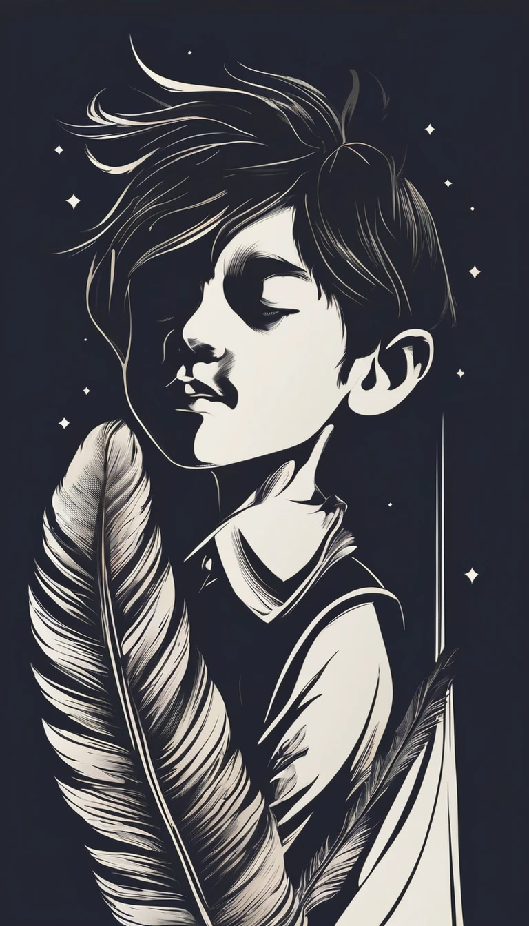 A minimalist, fantastic, poetic, dreamy, captivating, memorable, masterpiece, modern, simple logo design of a boy and a feather for the brand “Penamemoria". The logo must convey a sense of music, stories and dreams. Minimalistic logo design of a boy and a feather.