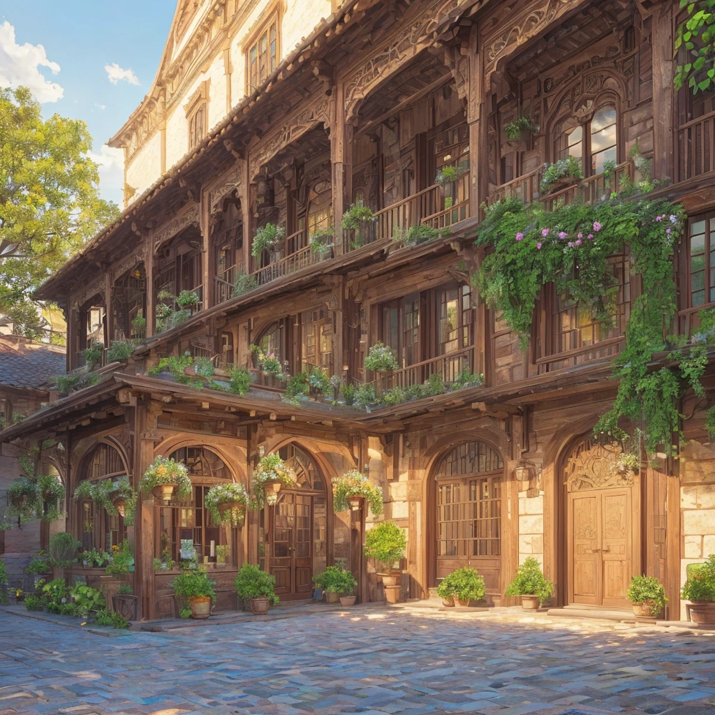 a cooperative farmers building, beautiful detailed architecture, ornate facade, rustic wooden beams, cobblestone streets, lush greenery, sunlit courtyard, traditional village scene, warm color tones, golden hour lighting, photorealistic, highly detailed, 8k, (best quality,4k,8k,highres,masterpiece:1.2),ultra-detailed,(realistic,photorealistic,photo-realistic:1.37)