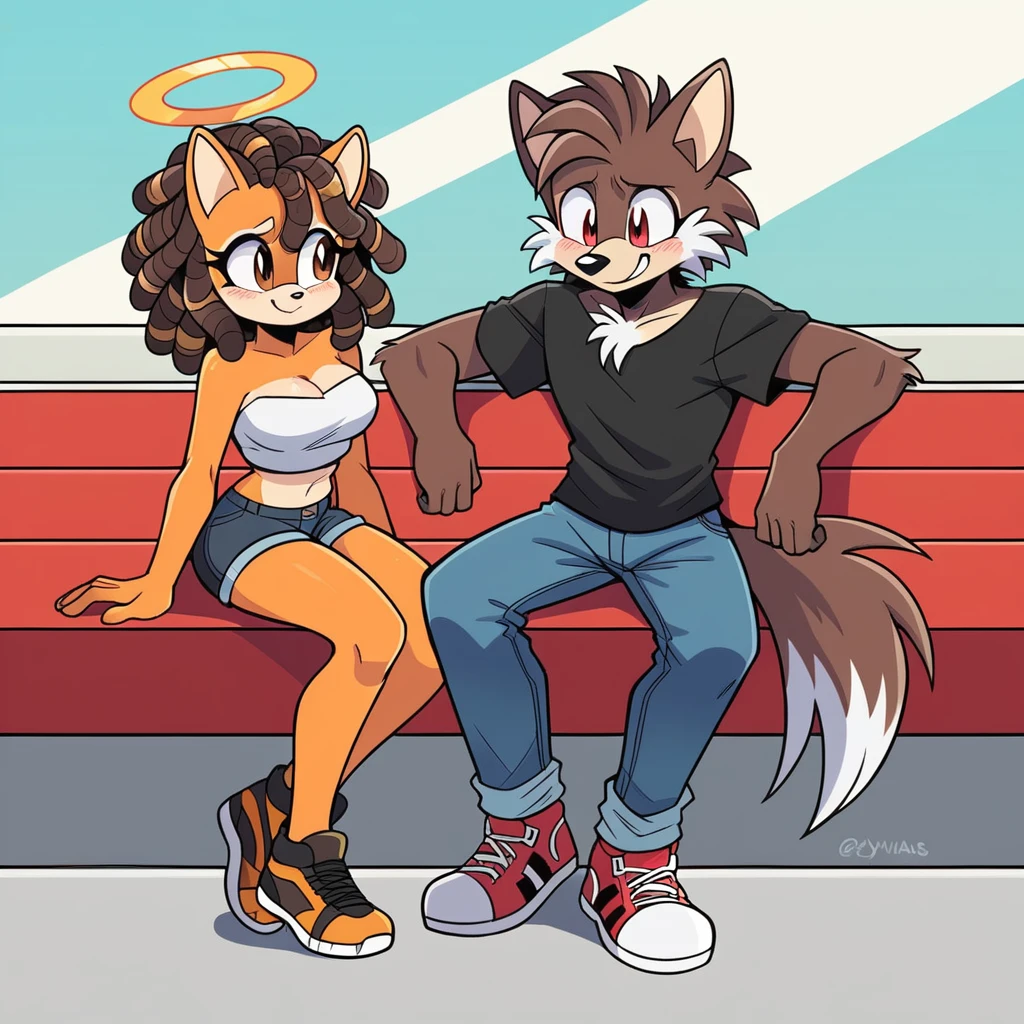Score_9, score_8_up, 2characters, mobian, male, wolf, two tone fur(black fur, white fur), black shirt, jeans, high-top sneakers, two-tone hair (brown hair, black tip)), dreadlocks, jewelry, brown eyes, brown eyes, smile, 1girl, mobian, hedgehog, two-tone fur ((orange fur, brown fur)), pyjama elastic shorts, strapless crop top, cleavage, high-top sneakers, two-tone hair (brown hair, black tip)), curly hair, halo, sunglasses, jewelry, red eyes, longeyelashes, red eyes, smile, shy, blush, together, in love