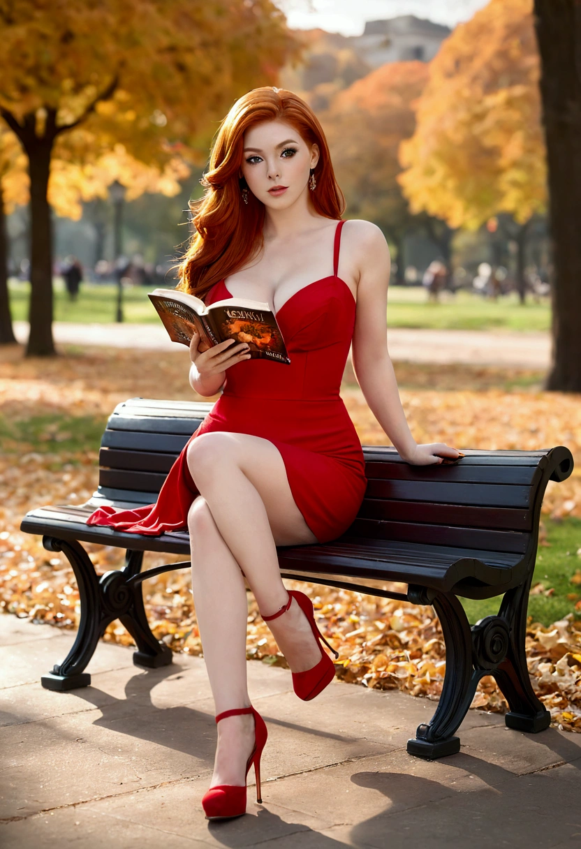 ultra realistic, photography, long red hair, girl, 24 years old, hourglass figure, perfect body, Flirty look, extremely detailed artgerm, in the style artgerm, facing the camera, lens 35 mm, blur background, sitting on a bench in the park, reading a book, red dress, legs crossed, high heels, femme fatale ,vixen, golden hours, fall day