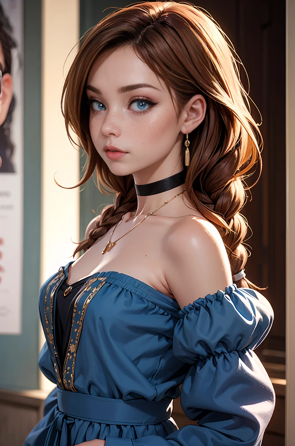 sadie sink, in la bete movie, by Walerian Borowczyk, erotic, 1girl, blue_eyes, blurry, blurry_background, braid, choker, depth_of_field, dress, earrings, eyelashes, freckles, hair_over_shoulder, jewelry, lips, long_hair, long_sleeves, looking_at_viewer, necklace, pendant, puffy_long_sleeves, puffy_sleeves, realistic, single_braid, solo, twin_braids, upper_body