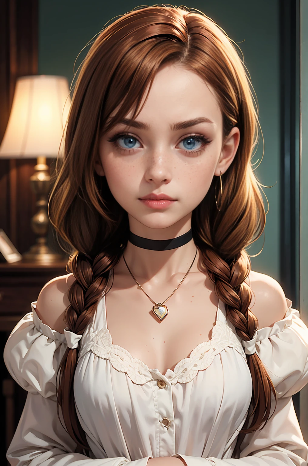 sadie sink, in la bete movie, by Walerian Borowczyk, erotic, 1girl, blue_eyes, blurry, blurry_background, braid, choker, depth_of_field, dress, earrings, eyelashes, freckles, hair_over_shoulder, jewelry, lips, long_hair, long_sleeves, looking_at_viewer, necklace, pendant, puffy_long_sleeves, puffy_sleeves, realistic, single_braid, solo, twin_braids, upper_body