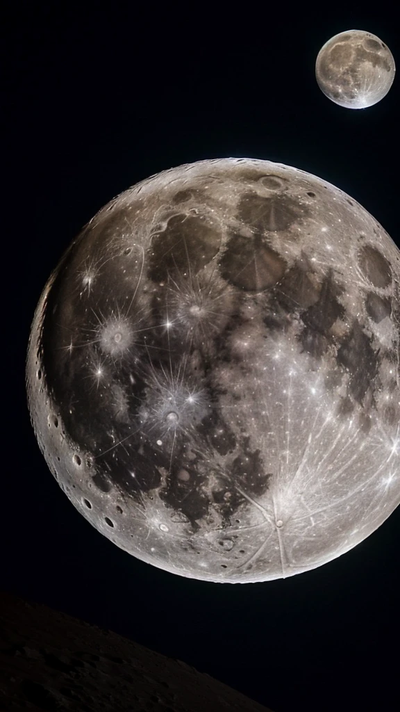 A full moon in a clear night sky。The craters are clearly visible on the surface of the moon.、Soft light illuminates the surroundings。Stars around the moon々Shines、There is a quiet night atmosphere。 4K