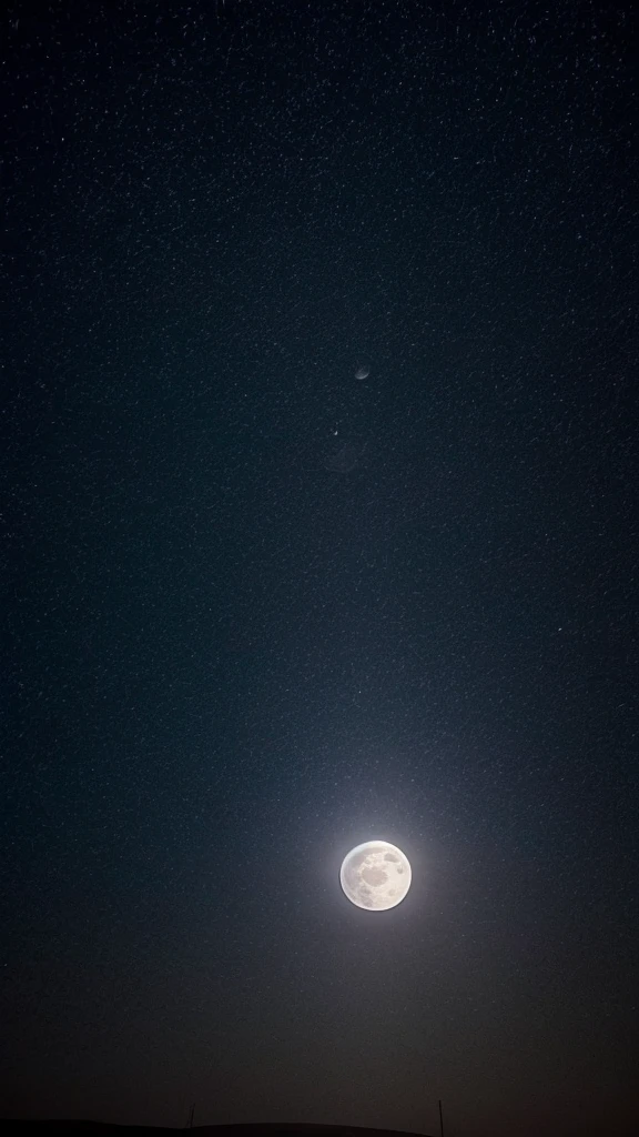 A full moon in a clear night sky。The craters are clearly visible on the surface of the moon.、Soft light illuminates the surroundings。Stars around the moon々Shines、There is a quiet night atmosphere。 4K