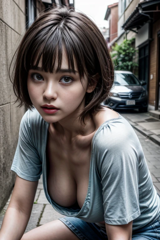 4k, Top quality, 1 beautiful woman, super short Hair, at park, rain, shy smile, hang umblera