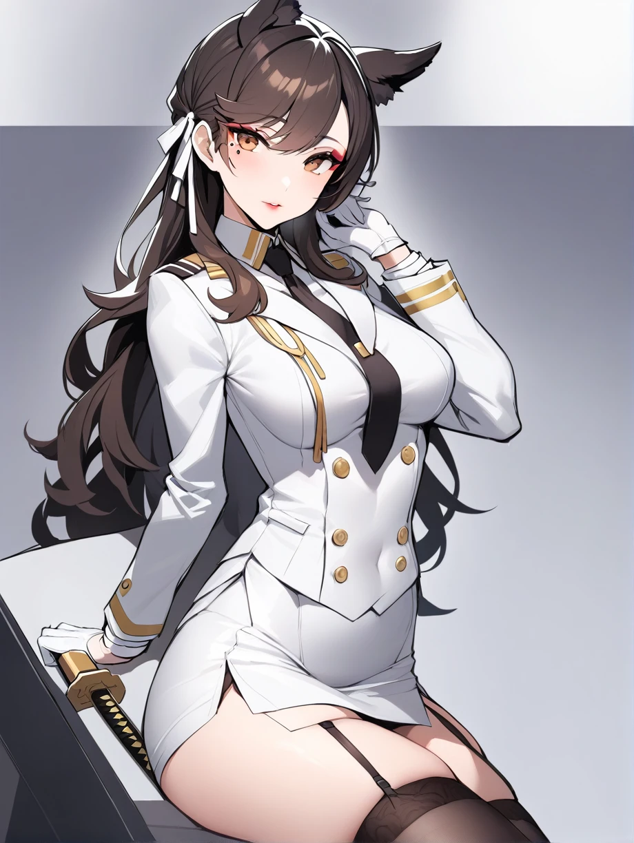 atago_\(azur_lane\), 1 woman, solo, brown eyes,mole_under_eye,military_uniform, garter_straps, skirt, skirt, black legwear,white gloves,white background, a woman holding a katana, masterpiece, best quality, white skirt suit, (((three-piece suit))), (((dress shirt))), (((necktie))), (((white blazer))), (((suit jacket))), (((waistcoat))), double-breasted waistcoat, (((bodycon pencil skirt))), pocket square, cufflinks, tie clip, tight clothing, belt formal clothing, makeup, lipstick, eyeshadow, mascara, slender figure, tailored suit, medium breasts