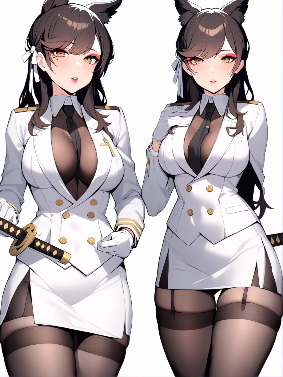 atago_\(azur_lane\), 1 woman, solo, brown eyes,mole_under_eye,military_uniform, garter_straps, skirt, skirt, black legwear,white gloves,white background, a woman holding a katana, masterpiece, best quality, white skirt suit, (((three-piece suit))), (((dress shirt))), (((necktie))), (((white blazer))), (((suit jacket))), (((waistcoat))), double-breasted waistcoat, (((bodycon pencil skirt))), pocket square, cufflinks, tie clip, tight clothing, belt formal clothing, makeup, lipstick, eyeshadow, mascara, slender figure, tailored suit, medium breasts