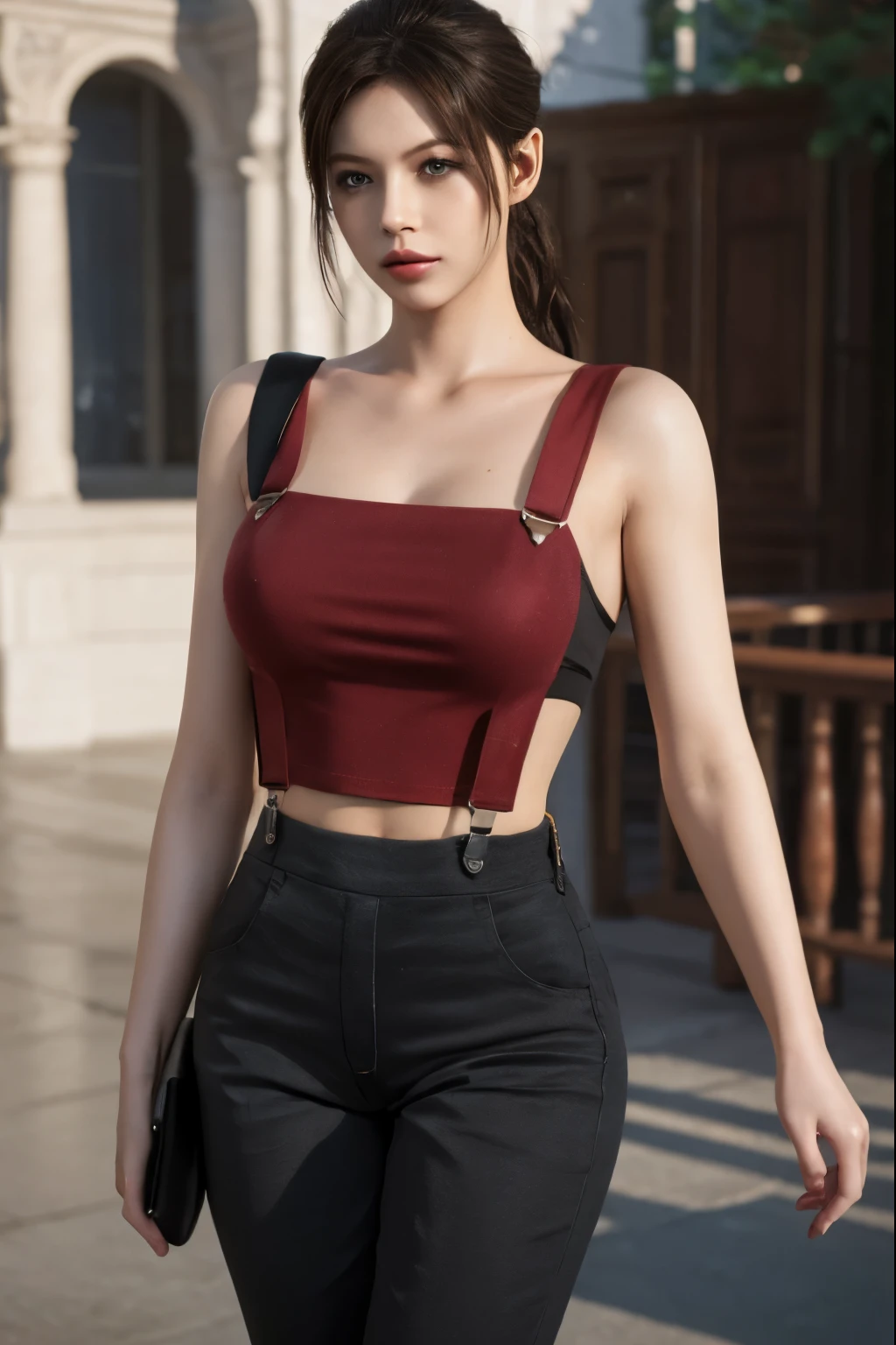 (masterpiece quality), 1girl , claireredfield2, wear suspender pants