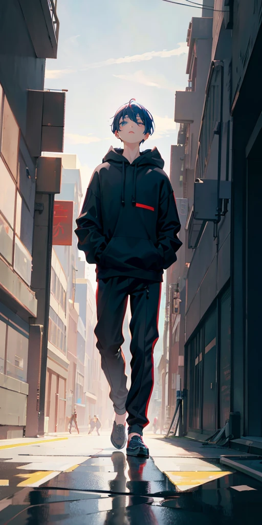 anime boy in black hoodie and red pants walking down a city street, artwork in the style of guweiz, standing in a city street, anime style 4 k, anime art wallpaper 8 k, tall anime guy with blue eyes, anime style. 8k, standing in the street, full body portrait of a short!, modern anime style, standing in street