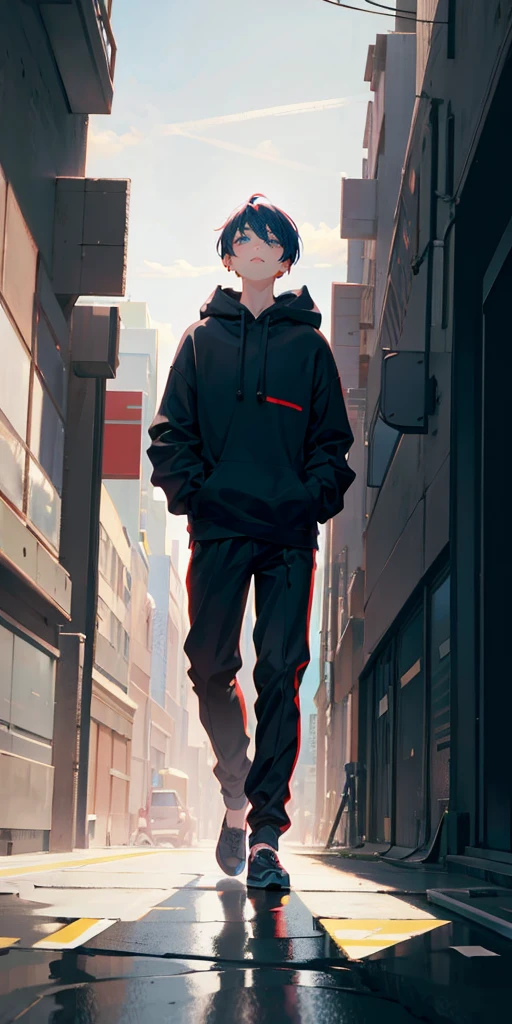 anime boy in black hoodie and red pants walking down a city street, artwork in the style of guweiz, standing in a city street, anime style 4 k, anime art wallpaper 8 k, tall anime guy with blue eyes, anime style. 8k, standing in the street, full body portrait of a short!, modern anime style, standing in street