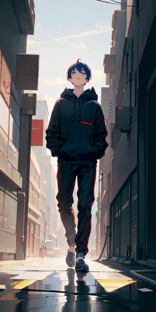 anime boy in black hoodie and red pants walking down a city street, artwork in the style of guweiz, standing in a city street, anime style 4 k, anime art wallpaper 8 k, tall anime guy with blue eyes, anime style. 8k, standing in the street, full body portrait of a short!, modern anime style, standing in street