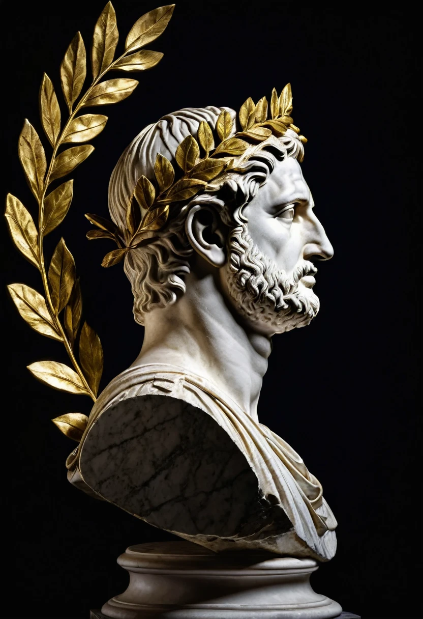 Side view of a roman bust with a solid gold Laurel Wreath on top of it's head, hightlighted with a spotlight and dark background