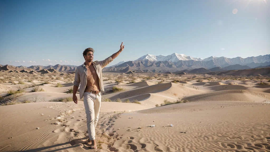 (8k analog nature photography:1.2), (a beautiful landscape:1.1) Extreme realism, Dunes in the desert, mountains are visible in the background, a young man stands on the top of a dune in a white shirt unbuttoned, fluttering in the wind, light jeans, barefoot, arms outstretched, face raised to the sky. The setting sun is shining from the mountains. The air is distorted by the hot sand., shiny sapphire (crystal:1.2) berries ,bioluminescent, glowing, focus on the man.