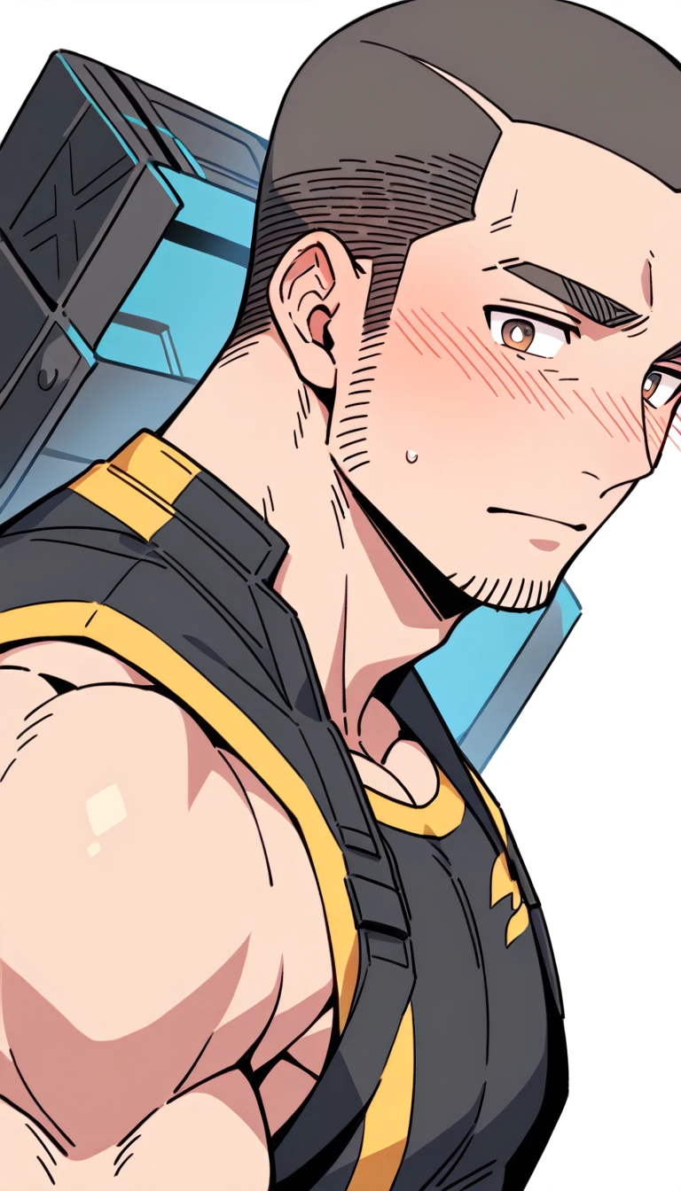 anime characters:Priapus, Muscle Sports Student, Buzz Cut, Manliness, male focus, Yellow and black tight sleeveless vest, Very tight, full and perky chest muscles, muscular male, muscular, Perfect muscular waist, only, Upper body, alone, Black short hair, Thick eyebrows, stubble, Brown-red pupils, White background, simple background, amazing quality, best aesthetics, Ridiculous, crew cut, blush, embarrassed, shy, endured face, negative space, best quality