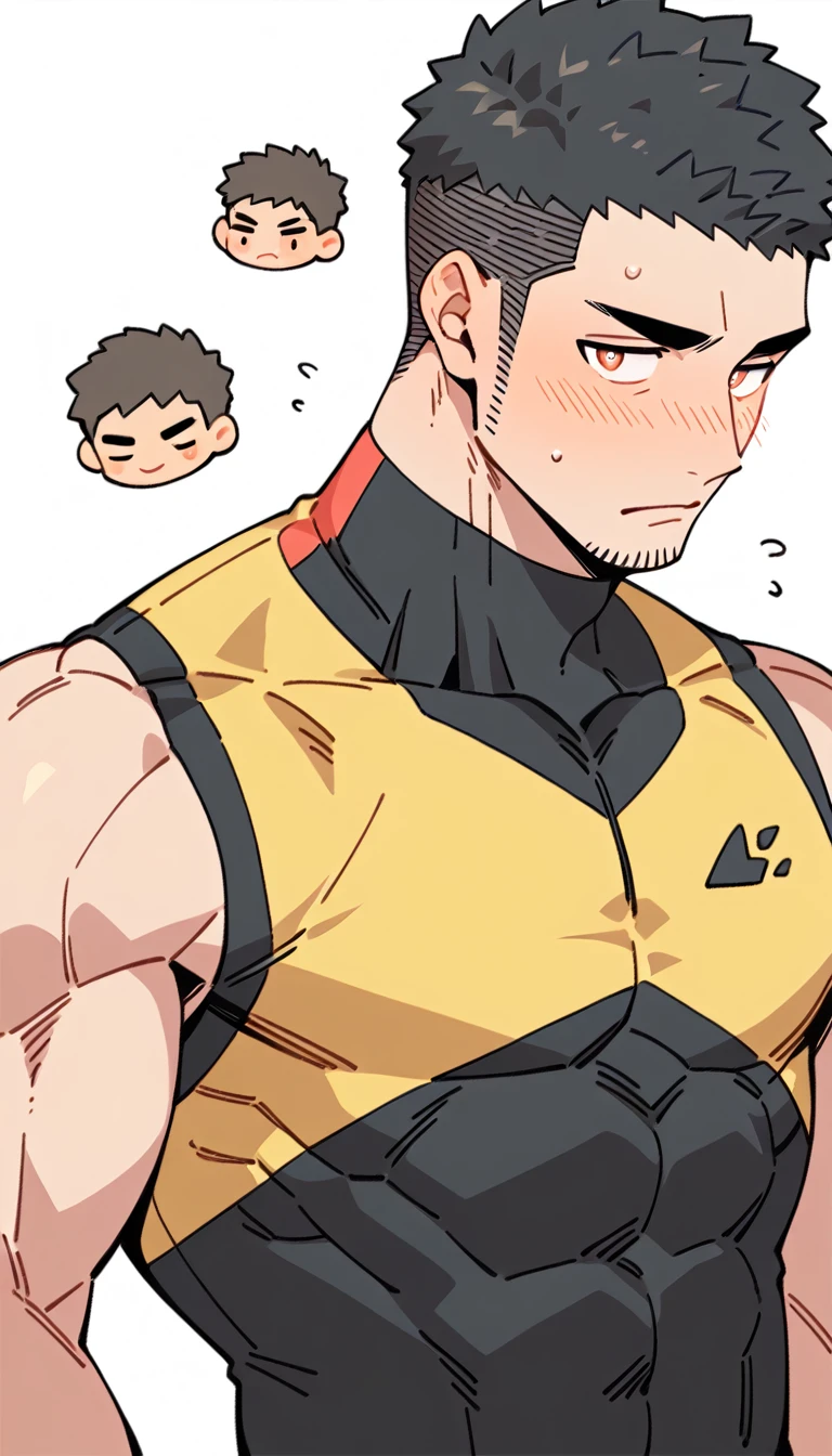 anime characters：Priapus, Muscle Sports Student, Buzz Cut, Manliness, male focus, Yellow and black tight sleeveless vest, Very tight, full and perky chest muscles, muscular male, muscular, Perfect muscular waist, only, Upper body, alone, Black short hair, Thick eyebrows, stubble, Brown-red pupils, White background, simple background, amazing quality, best aesthetics, Ridiculous, crew cut, blush, embarrassed, shy, endured face, negative space, best quality