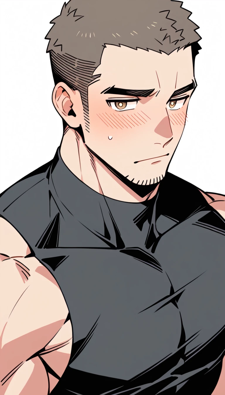 anime characters：Priapus, Muscle Sports Student, Buzz Cut, Manliness, male focus, Yellow and black tight sleeveless vest, Very tight, full and perky chest muscles, muscular male, muscular, Perfect muscular waist, only, Upper body, alone, Black short hair, Thick eyebrows, stubble, Brown-red pupils, White background, simple background, amazing quality, best aesthetics, Ridiculous, crew cut, blush, embarrassed, shy, endured face, negative space, best quality