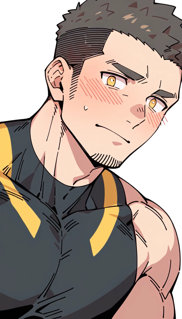 anime characters：Priapus, Muscle Sports Student, Buzz Cut, Manliness, male focus, Yellow and black tight sleeveless vest, Very tight, full and perky chest muscles, muscular male, muscular, Perfect muscular waist, only, Upper body, alone, Black short hair, Thick eyebrows, stubble, Brown-red pupils, White background, simple background, amazing quality, best aesthetics, Ridiculous, crew cut, blush, embarrassed, shy, endured face, negative space, best quality