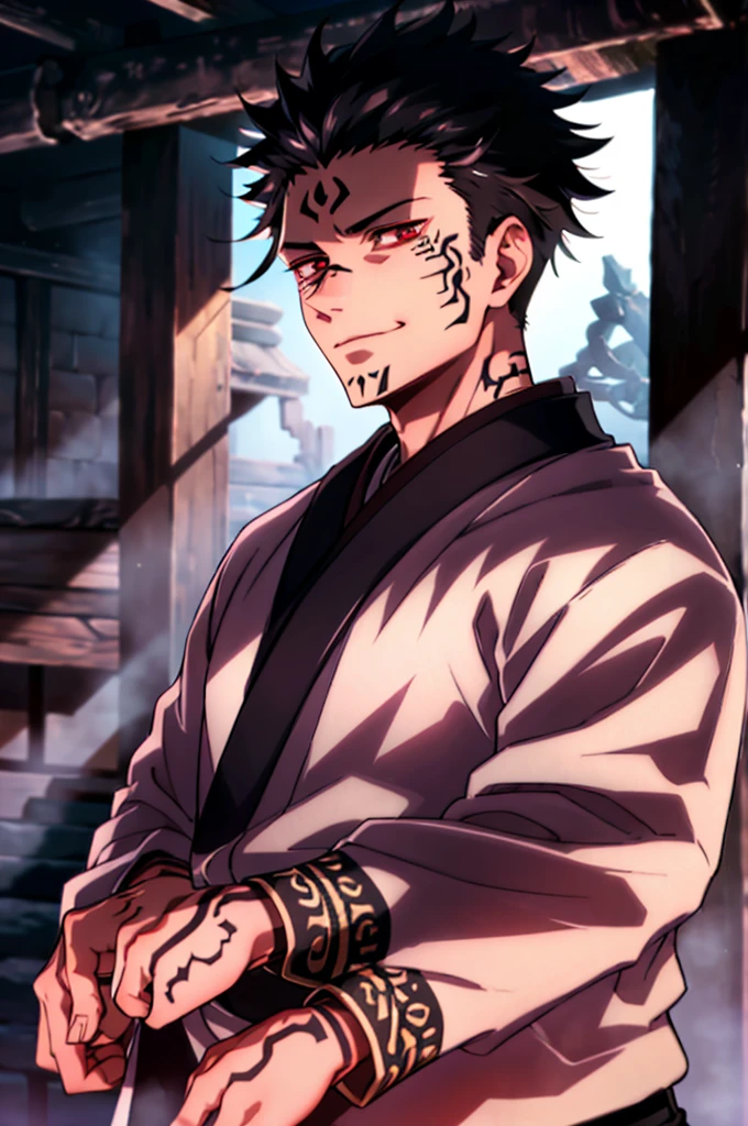 1.5, best quality, high quality, High definition, High quality texture, high detail, beautiful detailed, finely detailed, extremely detailed cg, detailed texture, 1man, boy, male, ((ancient)), red eyes, black hair, face tattoos, traditional japanese attires, smirking