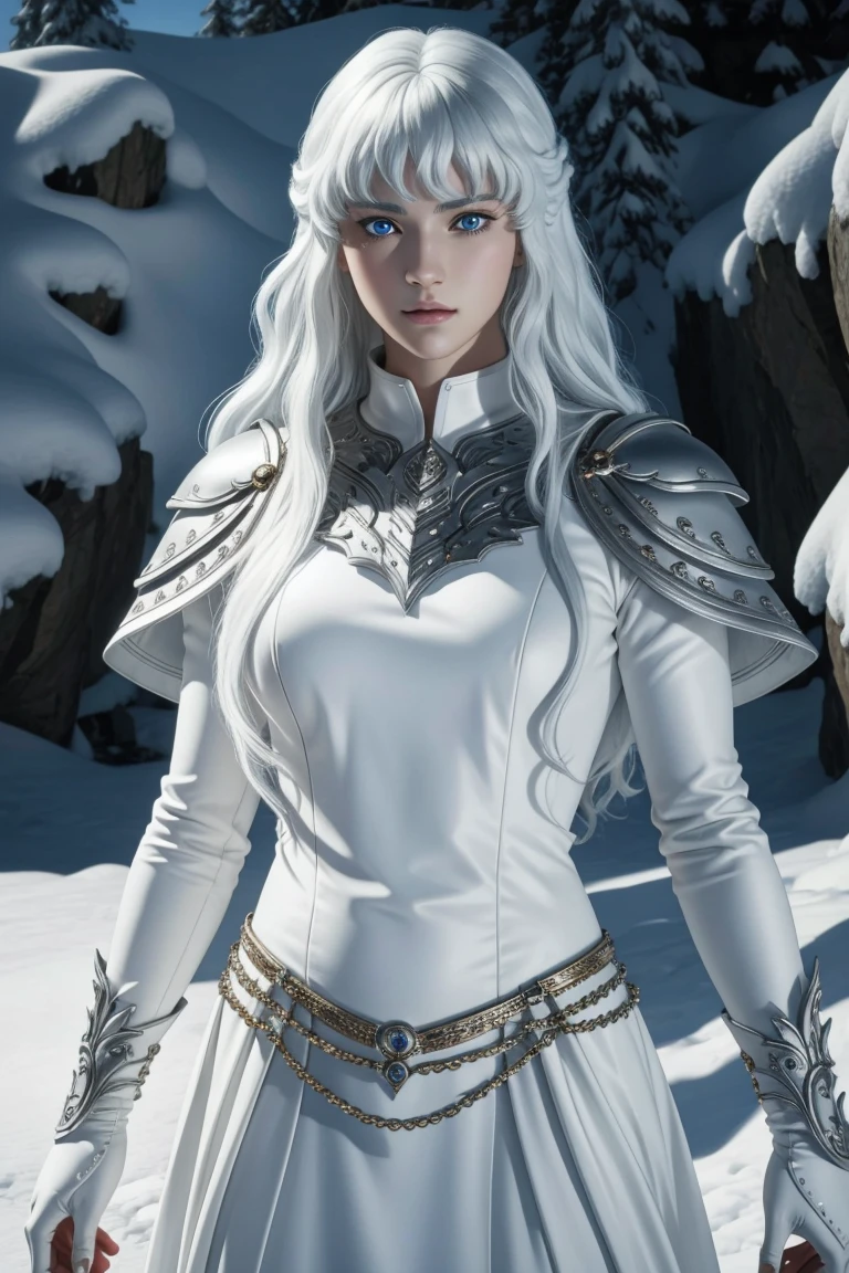 Griffith,Berserk,male,super beautiful teenager,Long hair with white perm,Crystal clear blue eyes,Beautiful white skin,Ultra HD,super high quality,masterpiece,Digital SLR,Photorealistic,Detailed details,Vivid details,Depicted in detail,A detailed face,Detailed details,Super Detail,Realistic skin texture,Anatomical basis,Perfect Anatomy,Anatomically correct hand,Anatomically correct fingers,Complex 3D rendering,Fearless look,Beautiful snowy scenery,