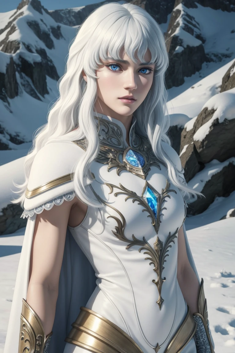 Griffith,Berserk,male,super beautiful teenager,Long hair with white perm,Crystal clear blue eyes,Beautiful white skin,Ultra HD,super high quality,masterpiece,Digital SLR,Photorealistic,Detailed details,Vivid details,Depicted in detail,A detailed face,Detailed details,Super Detail,Realistic skin texture,Anatomical basis,Perfect Anatomy,Anatomically correct hand,Anatomically correct fingers,Complex 3D rendering,Fearless look,Beautiful snowy scenery,