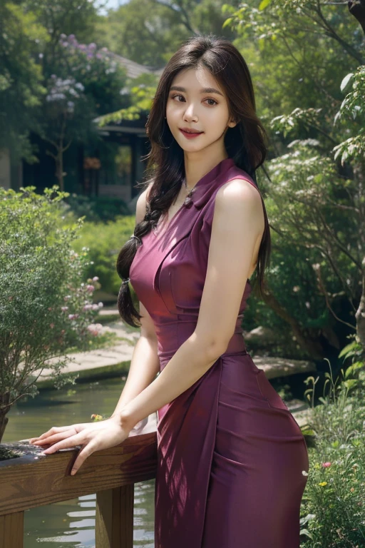 (best quality,4k,8k,highres,masterpiece:1.2),ultra-detailed,(realistic,photorealistic,photo-realistic:1.37),HDR,UHD,studio lighting,ultra-fine painting,sharp focus,physically-based rendering,extreme detail description,professional,vivid colors,bokeh,portrait,beautiful detailed eyes,beautiful detailed lips,extremely detailed eyes and face,longeyelashes,a glamorous woman with braids hairstyle,smiling,dimples,a red dress,posing,colorful flowers garden,a cherry tree,a stream