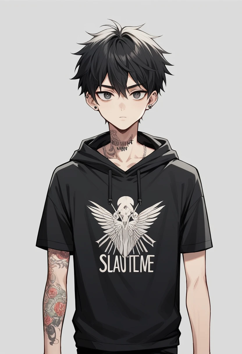 A stunning 3D anime illustration depicting a slender and elegant couple dressed in trendy Supreme clothing. The young woman is wearing a black Supreme hoodie with the lyrics "r" on the front highlighted, while the young man is wearing a white Supreme t-shirt with the lyrics "O" Spotlight. The background displays a cinematic atmosphere with dramatic lighting and sharp shadows. The illustration highlights fashion and the stylization of typography on clothing. Includes a tattoo "Holy" on the front of the thigh, while the young man a tattoo "rOSANA" in the right arms.