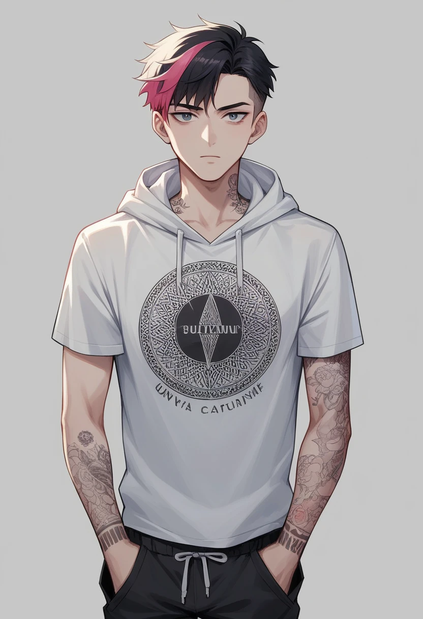 A stunning 3D anime illustration depicting a slender and elegant couple dressed in trendy Supreme clothing. The young woman is wearing a black Supreme hoodie with the lyrics "r" on the front highlighted, while the young man is wearing a white Supreme t-shirt with the lyrics "O" Spotlight. The background displays a cinematic atmosphere with dramatic lighting and sharp shadows. The illustration highlights fashion and the stylization of typography on clothing. Includes a tattoo "Holy" on the front of the thigh, while the young man a tattoo "rOSANA" in the right arms.