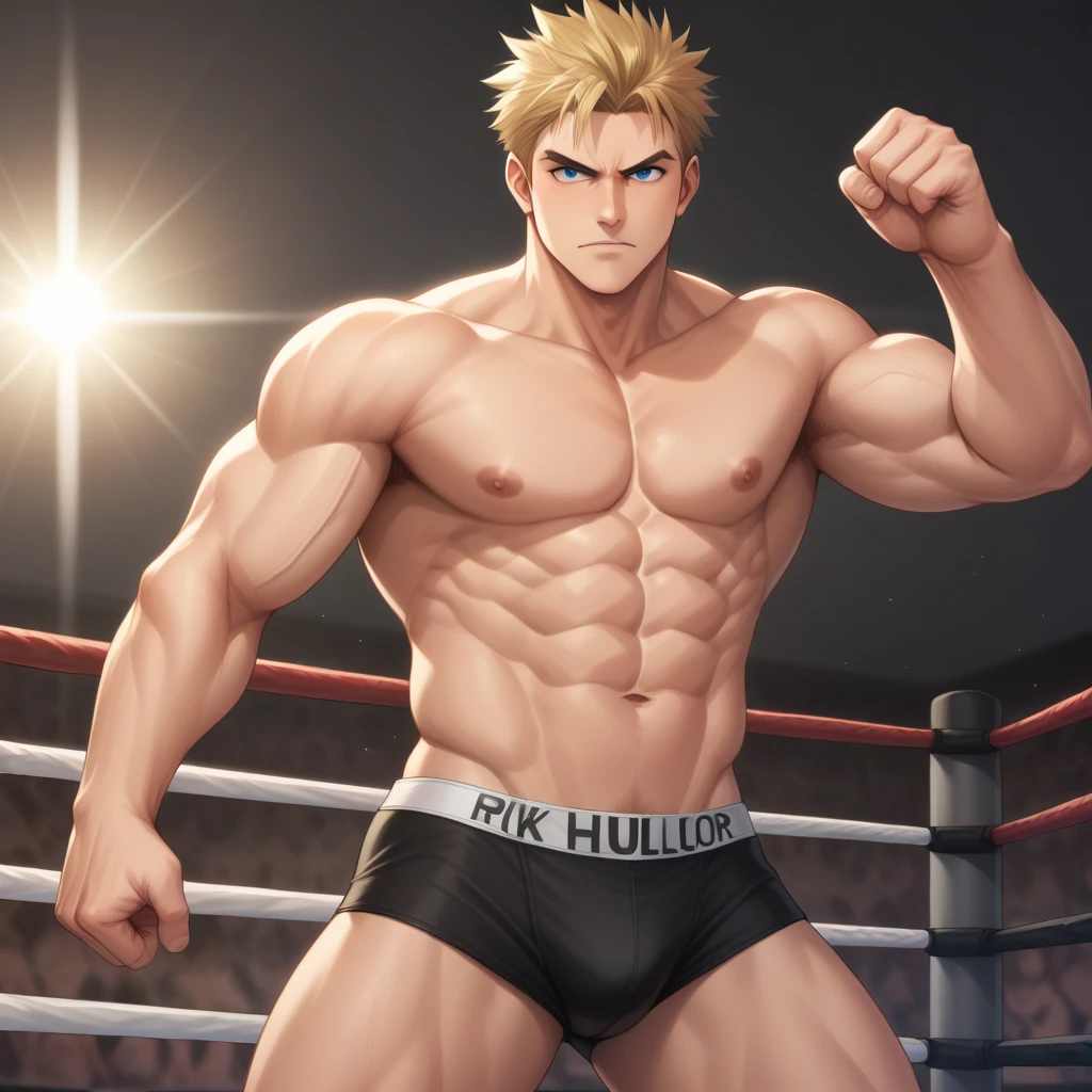 score_9, score_8_up, score_7_up, source_anime, score_6_up, score_5_up, score_4_up, BREAK 1guy, heavy weight muscular, black wrestling bikini, solo, topless, blonde, fighting stance, hollywood action, masculine handsome guy, tsurime, sanpaku, blue eyes, spiked hair, nipples, abs, male high ratio body proportions, dramatic expression, dutch angle, on wrestling ring, thick waist, stocky waist, slighty chubby, muscular plump, 1990s, cinematic shadows, cinematic lighting, lens flare, light leaks, VHS Quality