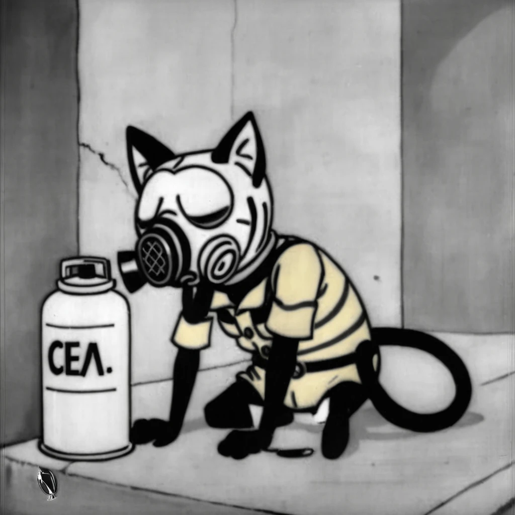 1930s animation, alone, whole body, Cat Character, gas mask, Facing forward, Bad Smile, Sleeping gas bottle